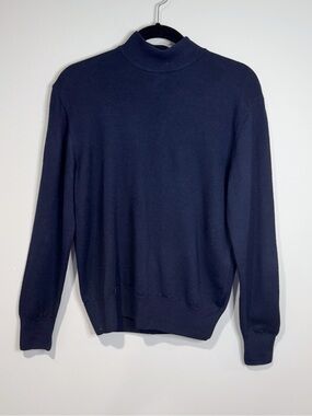 Morgano Women’s Navy Merino Wool Mock Neck Sweater Made Italy Quiet Luxury M